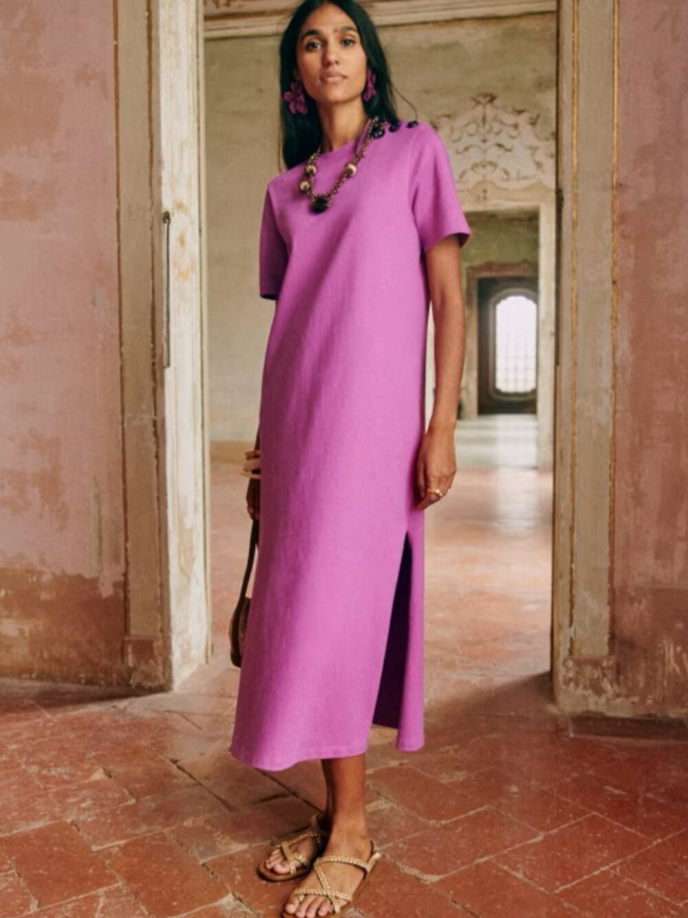 Sézane Emy Organic Cotton Midi Dress Dahlia Pink Size M